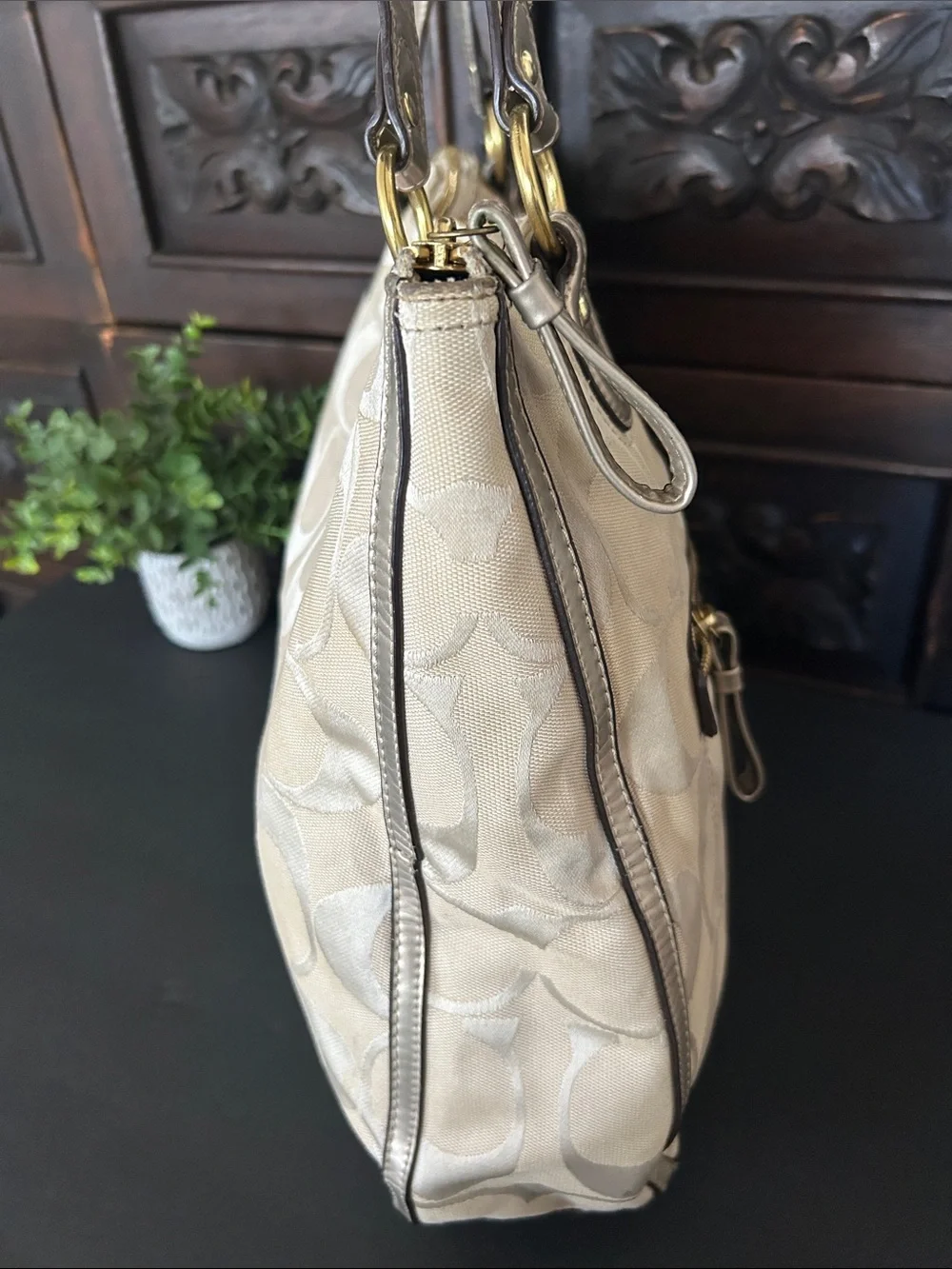 Coach Beige Signature Shoulder Tote with Multicolor 'C' Accents